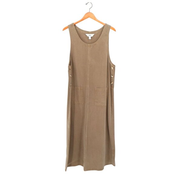 Amy K Su AKS Tencel Pinafore Jumper Maxi Buttoned Pockets Brown Dress L - Picture 1 of 4